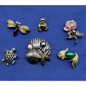 Lot of Six Vintage Brooches Pins Animals/Shells/Floral by Gerry's Camco Unmarked